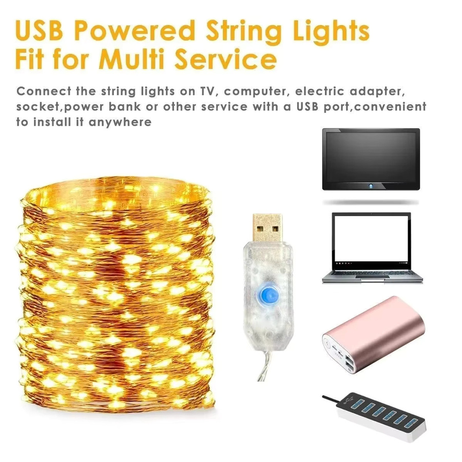 USB LED Lichterkette in Warmweiß mit Fernbedienung und 8 Modi, Feengirlande in Gold/Messing für Dekoration zu Hochzeit, Weihnachten und Silvester - Bild 2