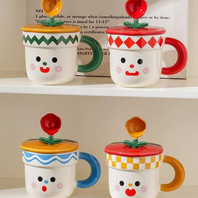 Niedliche Cartoon-Keramiktasse mit Deckel und Löffel von Yiran Furniture, weiß, 350 ml - Bild 1