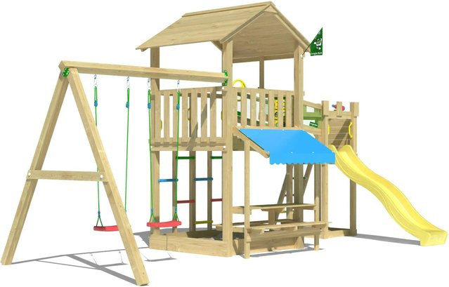 Jungle Gym Spielturm Cascade aus Holz mit 2 Schaukeln, Brücke und Rutsche in Gelb - Bild 1