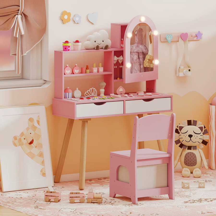 GOFLAME Schminktisch-Set für Kinder aus Holz mit LED-Spiegelschrank in Pink - Bild 2