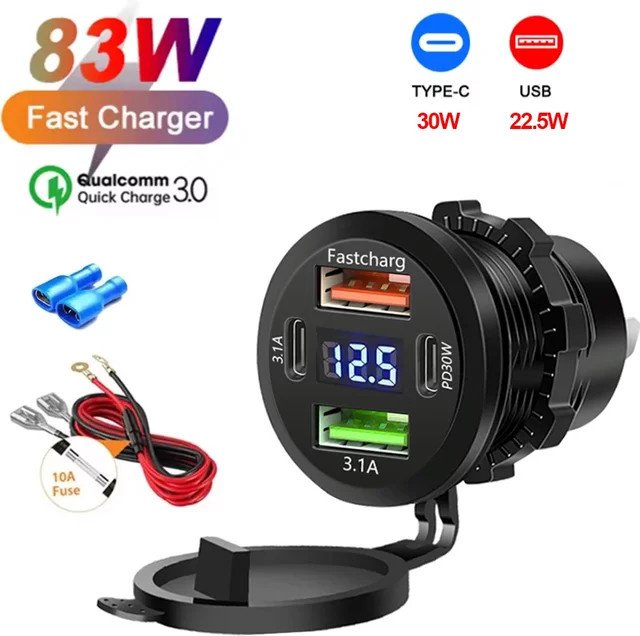 Velev 117 W Dual PD und Dual QC 3.0 USB Auto Ladegerät mit Voltmeter in Schwarz für 12 V/24 V Auto und Boot - Bild 1