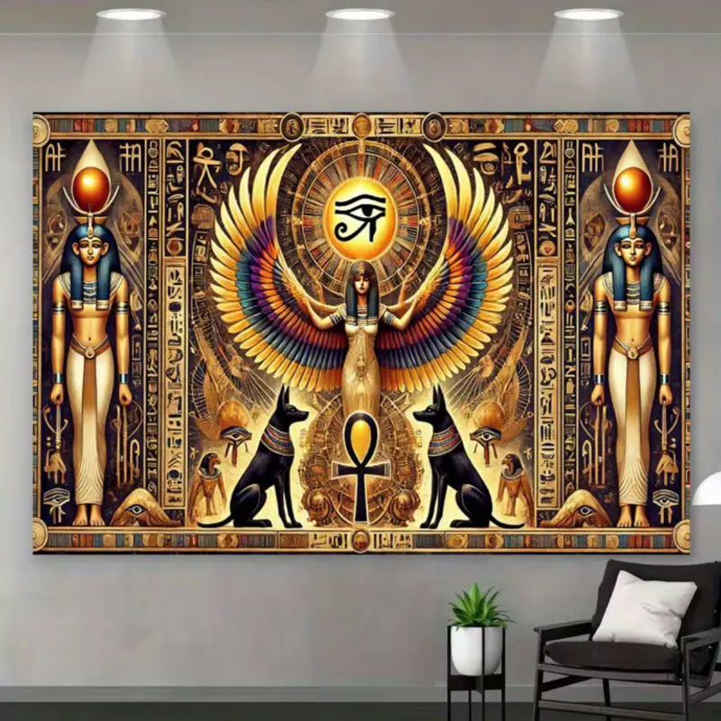 VIKAMA Ägyptischer Pantheon Wandteppich mit Auge des Horus in Schwarz-Gold als orientalische Wanddekoration - Bild 2
