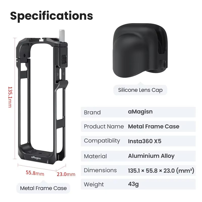 aMagisn Metallrahmenkäfig für Insta360 X5 in Schwarz mit Objektivdeckel und Geräuschfilterfunktion - Bild 5