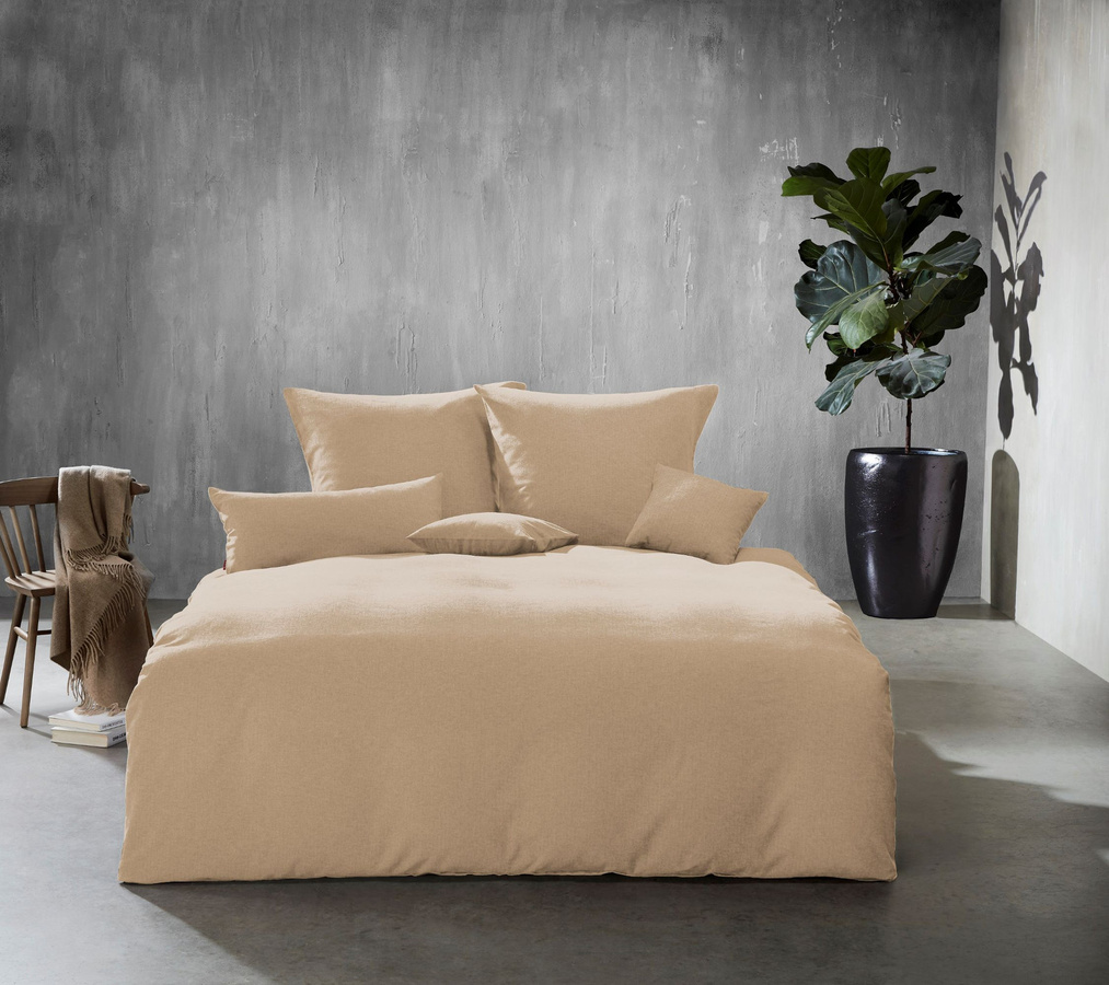 Fleuresse Lech Edelflanell Bettwäsche aus Baumwolle mit Fischgrät-Muster in Beige, B/H: 155 x 220 cm und 80 x 80 cm - Bild 1