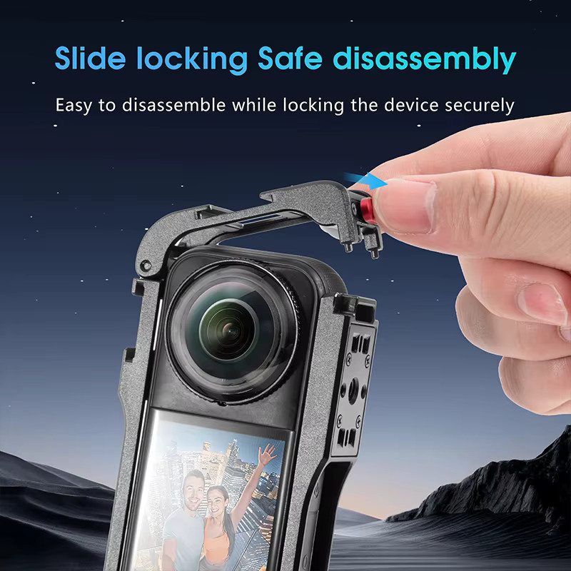 Insta360 X5 Schutzrahmen aus Aluminium-Metall in Schwarz mit abnehmbarer Silikon-Objektivkappe - Bild 3