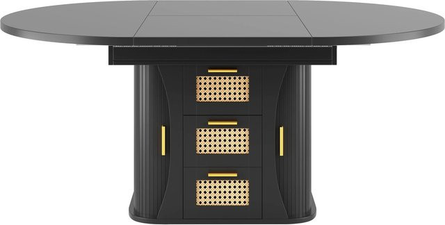 Merax Esstisch ausziehbar in Schwarz mit Rattan-Schubladen, B/T/H: 118 x 77,1 x 75 cm - Bild 1
