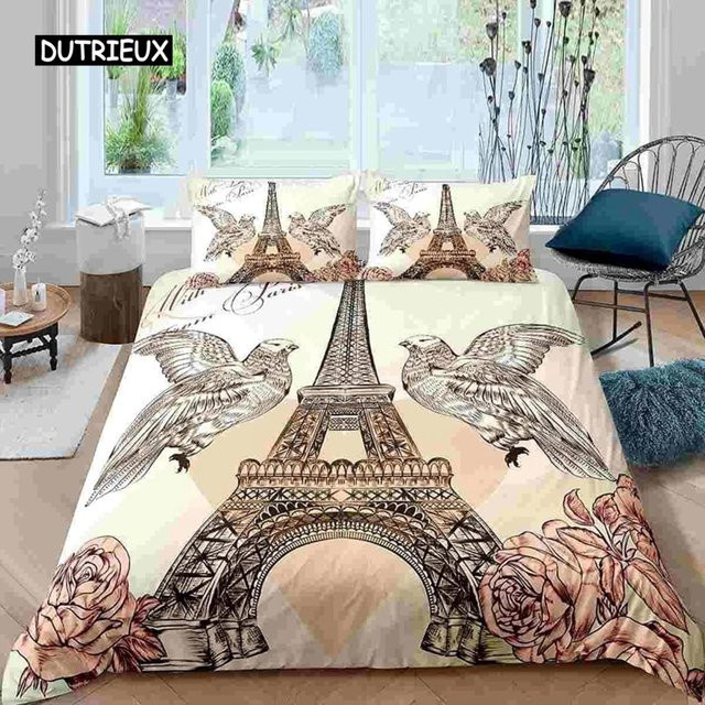 Paris-Bettwäsche-Set von Binchi Outdoor Product im Vintage-Stil mit Eiffelturm und rotem Regenschirm, Mikrofaser, Mehrfarbig, B/H: 135 x 200 cm - Bild 1
