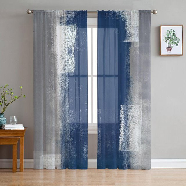 Transparente Tüll-Voile-Vorhänge mit abstraktem Ölgemälde-Design in Blau und Grau, Breite: 135 cm, Höhe: 137 cm - Bild 1