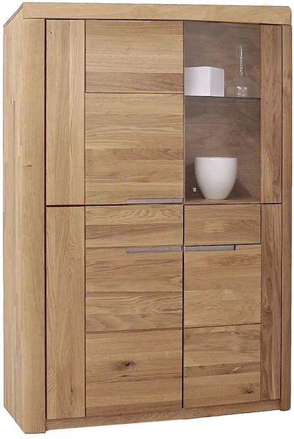 Halbhoher Vitrinenschrank Solido aus massiver Wildeiche in Braun mit Glastüren und Regalböden - Bild 1