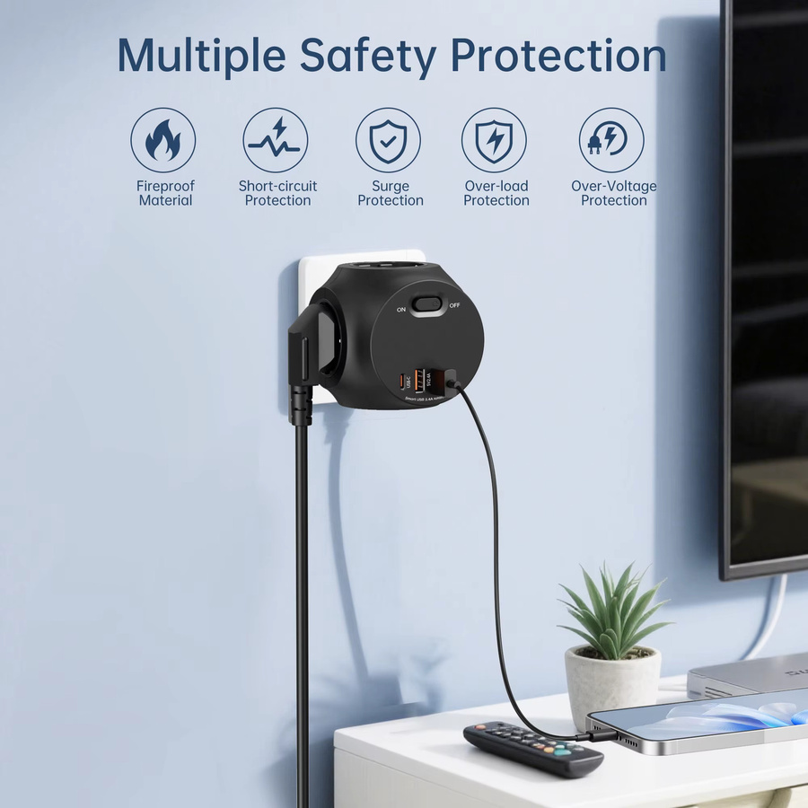 DODOYESANA Steckdosenleiste mit 4 AC-Mehrfachsteckdosen, 2 USB-A und 2 USB-C Anschlüssen, 4000W, EU-Stecker - Bild 3