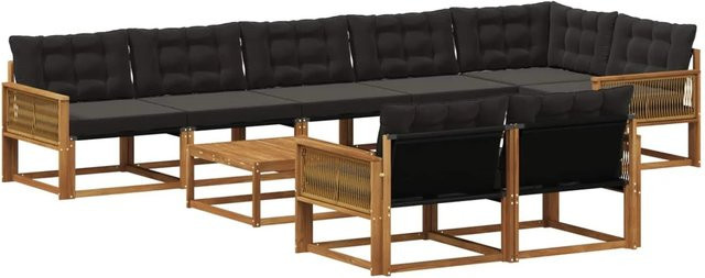 vidaXL Outdoor-Sofagarnitur L-Form aus massivem Akazienholz mit 9 Textilene-Kissen in Schwarz und Natur - Bild 1