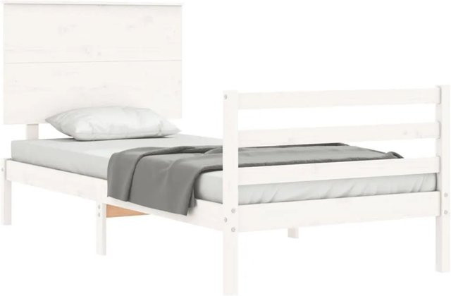 vidaXL Massivholzbett aus Kiefernholz mit Kopfteil in Weiß, rustikaler Stil, B/T/H: 90 x 200 cm - Bild 1