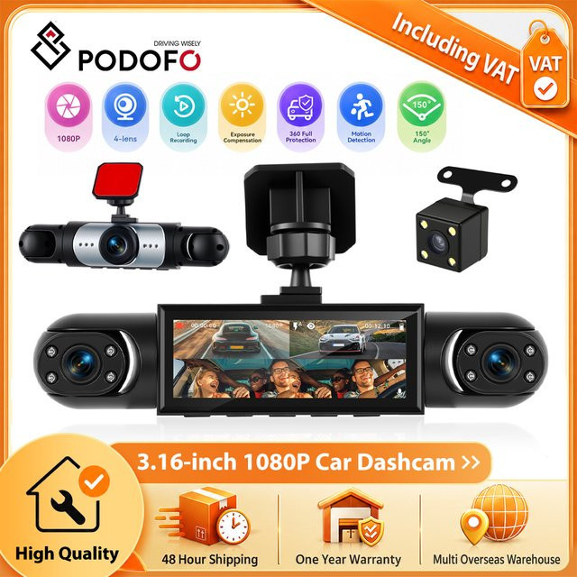 Podofo Auto-Dashcam mit Nachtsicht, Parküberwachung und Bewegungserkennung in Schwarz für Innenraum und Rückansicht - Bild 1