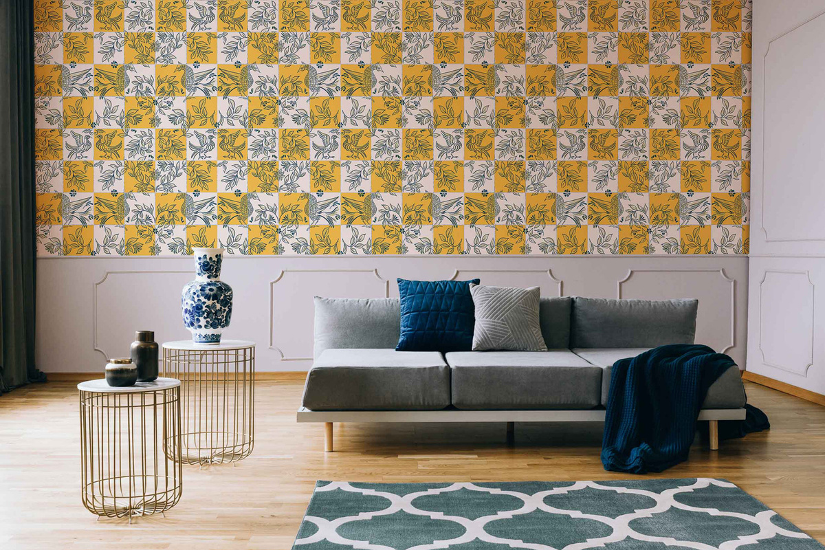 Coordonne Wallpaper Ceramica Damero Tapete in Gelb Beige und Blau aus Vlies - Bild 1