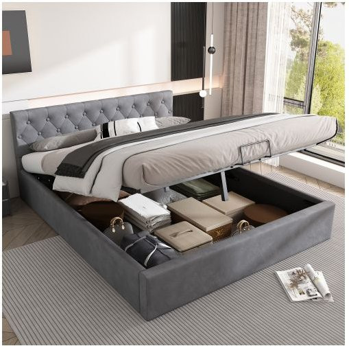 MUVOE Bett mit hydraulischem Stauraum und gepolstertem Kopfteil aus grauem Samt, B/T: 140 x 200 cm - Bild 1