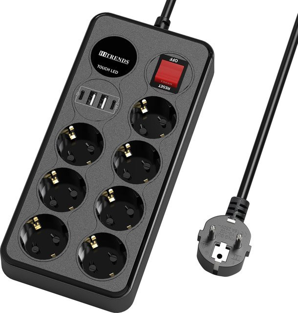HITRENDS 11-in-1 Multifunktionssteckdosenleiste mit 7 AC-Steckplätzen und 4 USB-Schnellladeanschlüssen, Schwarz, 1,8 m Kabel mit Touch-LED und Sicherheitsschutz - Bild 1