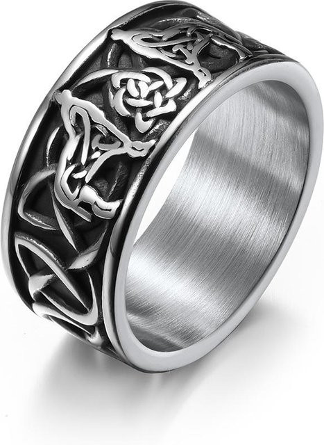 YIRAN Jewelry Ring, Edelstahl, Schwarz, Herren, Keltischer Wolf, 12# - Bild 1