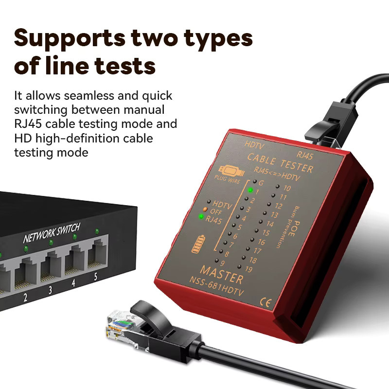 SHOYEE Multifunktionaler Netzwerkkabeltester mit HDMI-Kompatibilität für RJ45 8P8C LAN POE und RJ11 Telefonleitung in Rot - Bild 2