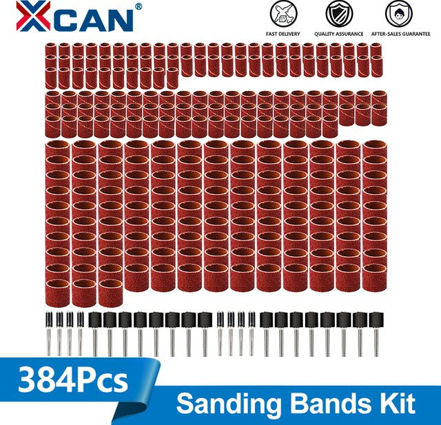 XCAN 384-teiliges Schleiftrommel-Set mit Schleifbändern und Dorn für Dremel-Rotationswerkzeuge, Körnung 80/120/240/320/400/600, Farbe: Braun - Bild 1