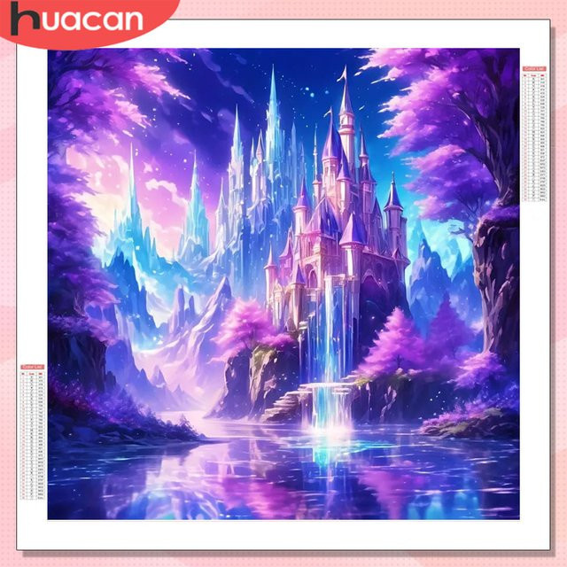 HUACAN 5D Diamantmalerei Schloss Landschaft als DIY Mosaik mit runden Steinen in Lila - Bild 1