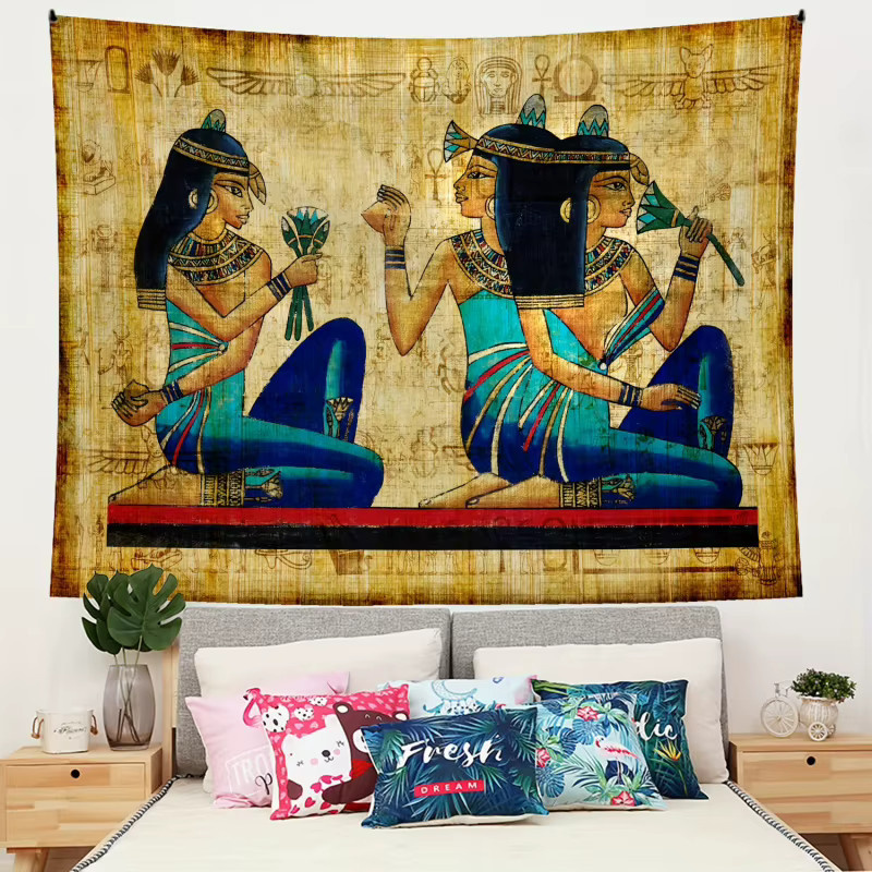 VIKAMA Vintage Ägyptischer Wandteppich mit Hieroglyphen und Hofmädchen Motiv, Mehrfarbig, Rechteckig - Bild 2