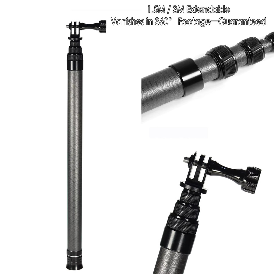 FEICHAO Unsichtbare Selfie-Stick-Drohne für Insta360 X4 X5 GoPro Max und DJI OSMO 360 Kameras, ausziehbares Kohlefaser-Einbeinstativ, Schwarz, Länge: 3 m - Bild 4