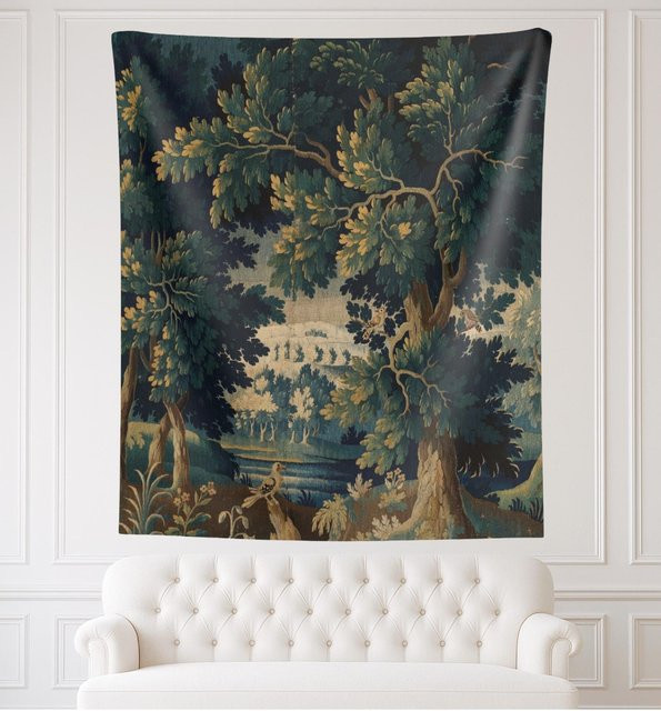 VIKAMA Vintage Waldteppich im europäischen Brokat-Stil mit Landschaftsmotiv und Vögeln, Mehrfarbig, B/T: 60 x 40 cm - Bild 1