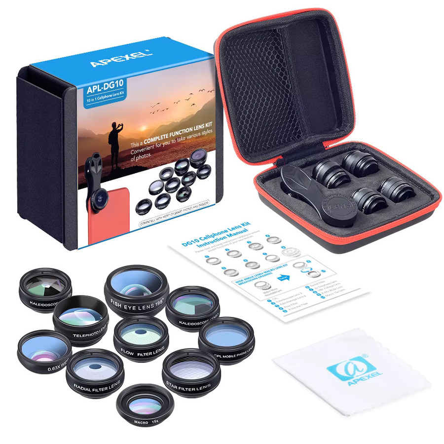 APEXEL 10-in-1 Smartphone Kameraobjektiv-Set mit Fisheye, Weitwinkel, Makro, Teleskop und CPL-Filter in Schwarz - Bild 5