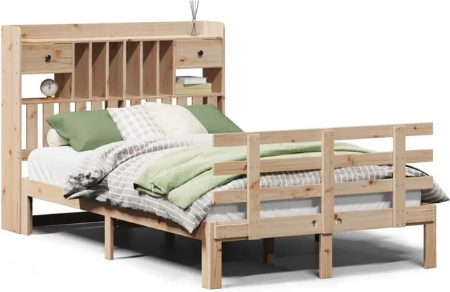 vidaXL Massivholzbett aus Kiefer mit Kopfteil und Regal in Braun, B/T/H: 135 x 190 x 110 cm - Bild 1