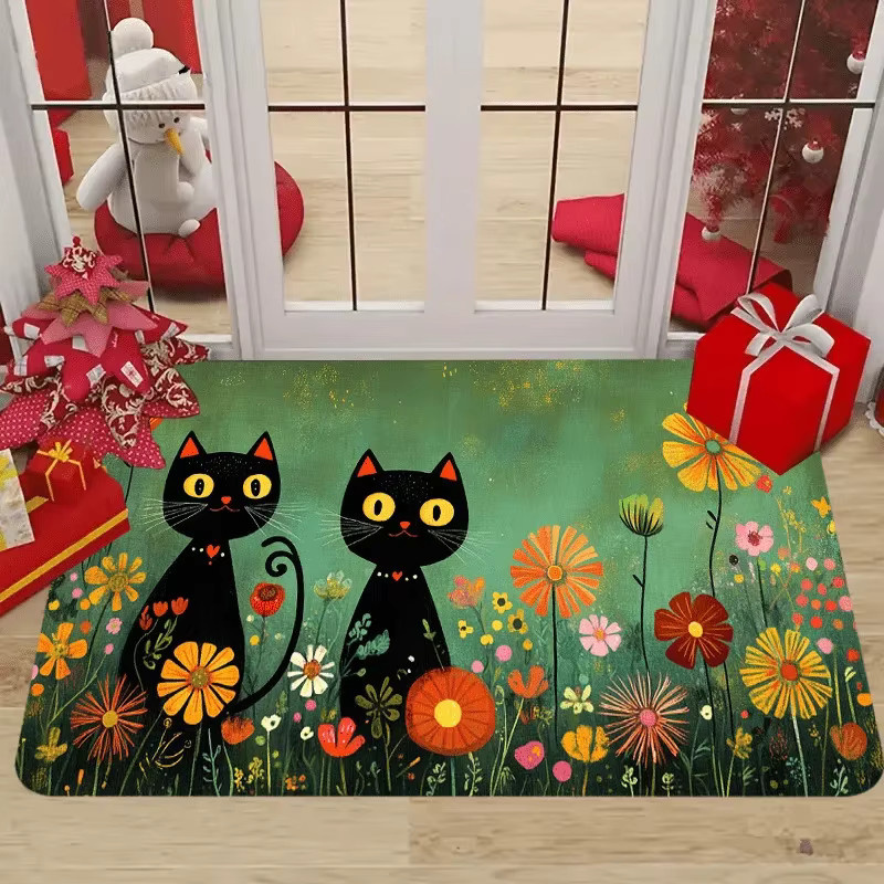 VIKAMA Teppich-Set mit schwarzem Katzen-Design in Dunkelgrün für Küche und Wohnzimmer - Bild 2