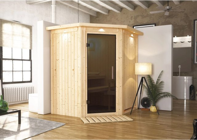 Karibu Sauna Tjorven mit LED-Dachkranz aus Fichte und Espenholz in Natur/Braun, B/T/H: 202 x 184 x 165 cm - Bild 1