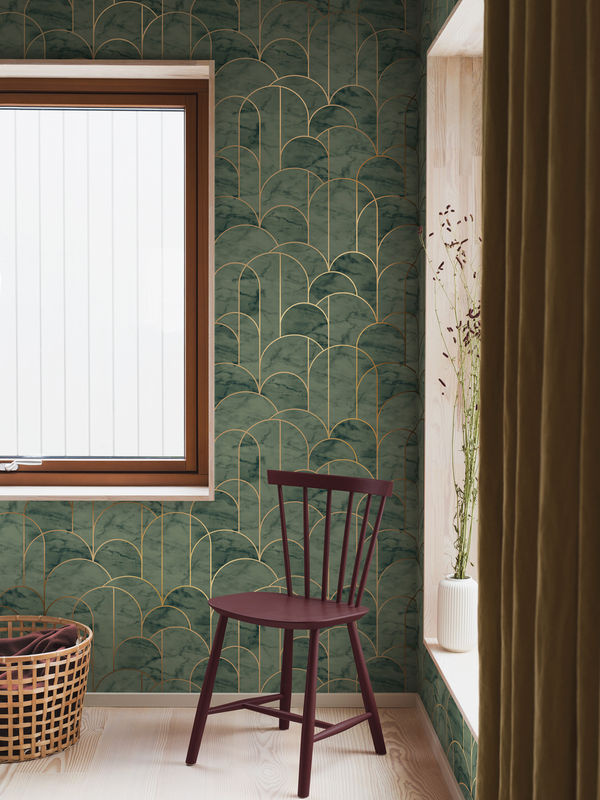 Boråstapeter Wallpaper Arch Art Deco Vlies Tapete in Grün/Gold mit Marmoreffekt und runden Formen - Bild 2