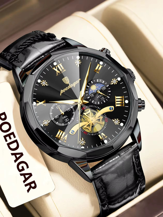 POEDAGAR Armbanduhr Chronograph, Quarz, Leder, Schwarz, Herren - Bild 7