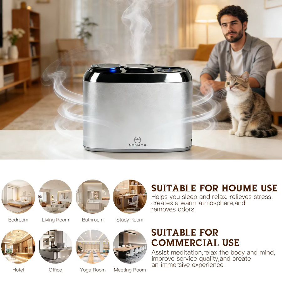 NAMSTE Dual-Düsen-Aroma-Diffusor in Silber, elektrischer Duftspender mit Bluetooth-Steuerung für ätherische Öle, ohne Wasser, 4000 mAh, 100 m³ - Bild 5