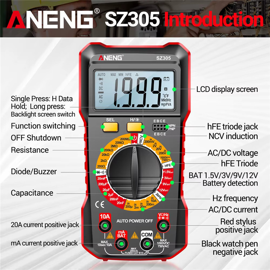 ANENG SZ305 Digital Multimeter in Schwarz: Professioneller AC/DC Spannungs-Ammeter mit NCV Spannungsinduktion für Kondensator, hFE und Triode - Bild 6