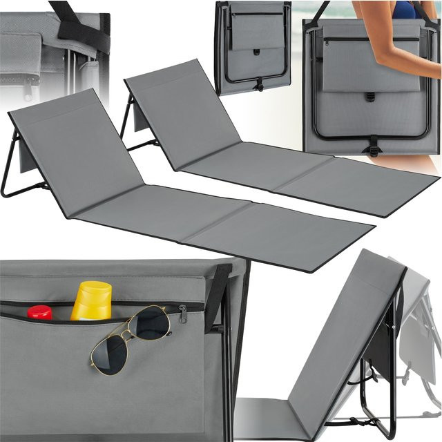 tectake 2er Set Strandmatte Mina Grau-Blau mit stufenlos verstellbarer Rückenlehne und pulverbeschichtetem Stahlgestell, B/T/H: 157 x 52,5 x 50 cm - Bild 1