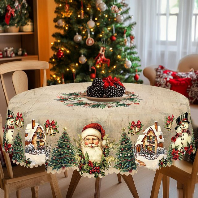 JINGYUE Pet Weihnachts-Tischdecke im Vintage-Bauernhaus-Stil mit Weihnachtsmann, Rentier und Weihnachtsbaum, Beige, Durchmesser: 180 cm - Bild 1
