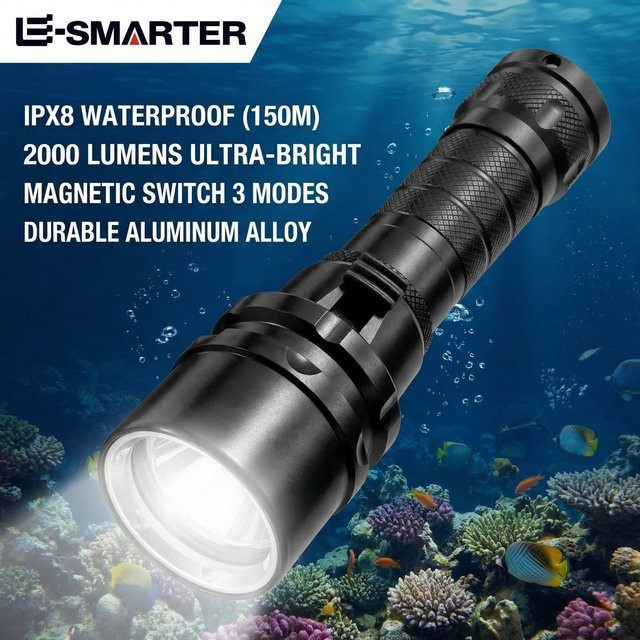 ESMARTER Professionelle Unterwassertaschenlampe mit LED und 18650 Akku, IP68 Wasserdicht, Schwarz - Bild 1