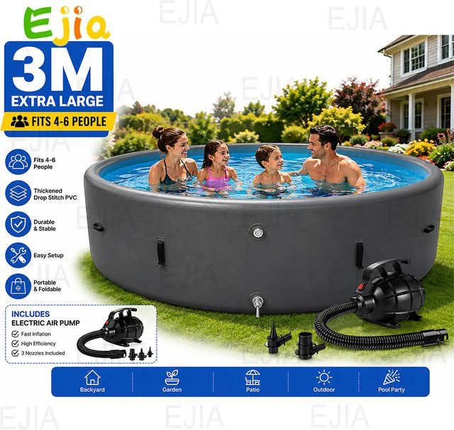 Ejia Aufblasbarer runder Gartenpool aus PVC in Grau, Durchmesser: 300 cm, Höhe: 120 cm - Bild 1