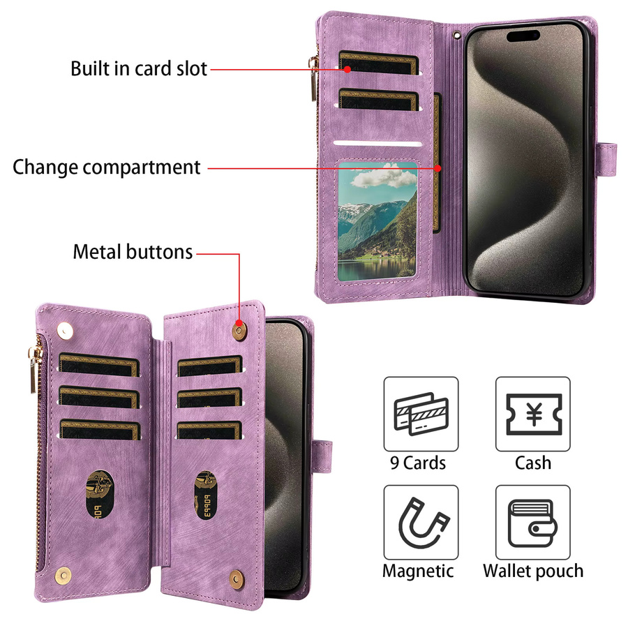 EAACAA Leder-Handyhülle für iPhone 17 Pro Max, 17 Pro, 17E und 17 Air mit Reißverschluss, Magnetständer und Brieftaschenfunktion in Schwarz oder Lila - Bild 6
