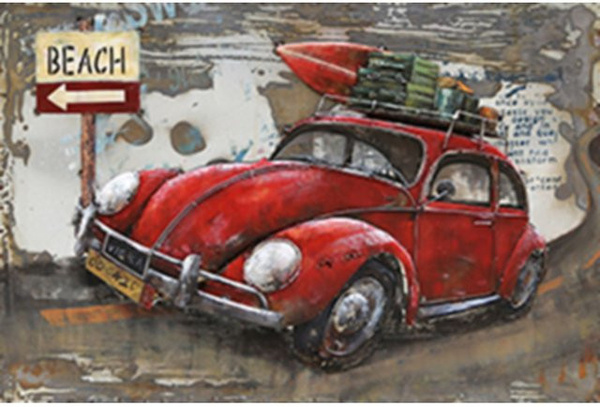 Modernes 3D Metallbild Auto mit Gepäck von INTERIA Home&Living aus Stahl, Breite: 80 cm, Höhe: 80 cm