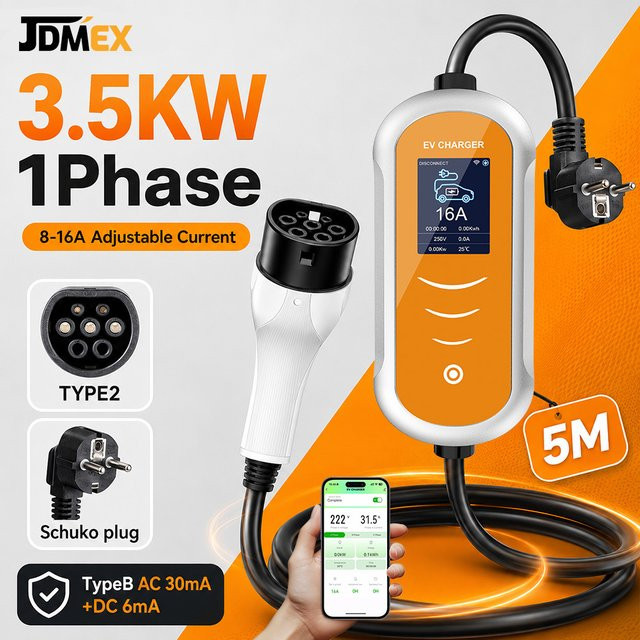 JDMEX Typ2 EV-Ladegerät Tragbar 3,5kW 16A mit Strom- und Zeitregelung und Schuko-Stecker für Elektroautos - Bild 1
