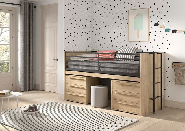 SAM halbhohes Bett mit ausziehbarem Schreibtisch und 2 Kommoden in Eiche, Liegefläche B: 90 cm, L: 200 cm - Bild 1