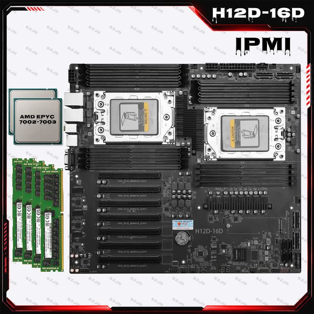 HUANANZHI H12D 16D Server-Motherboard mit IPMI-Unterstützung für AMD EPYC 7002 und 7003 Serie, 16 Speichersteckplätze und Dual 2.5G Netzwerk, Schwarz - Bild 1