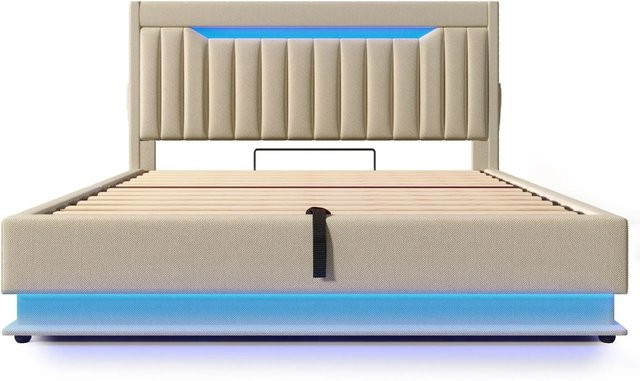 okwish Polsterbett mit LED, Stauraum und USB-Anschluss, Farbe Beige, B/T/H: 160 x 200 x 112 cm - Bild 1