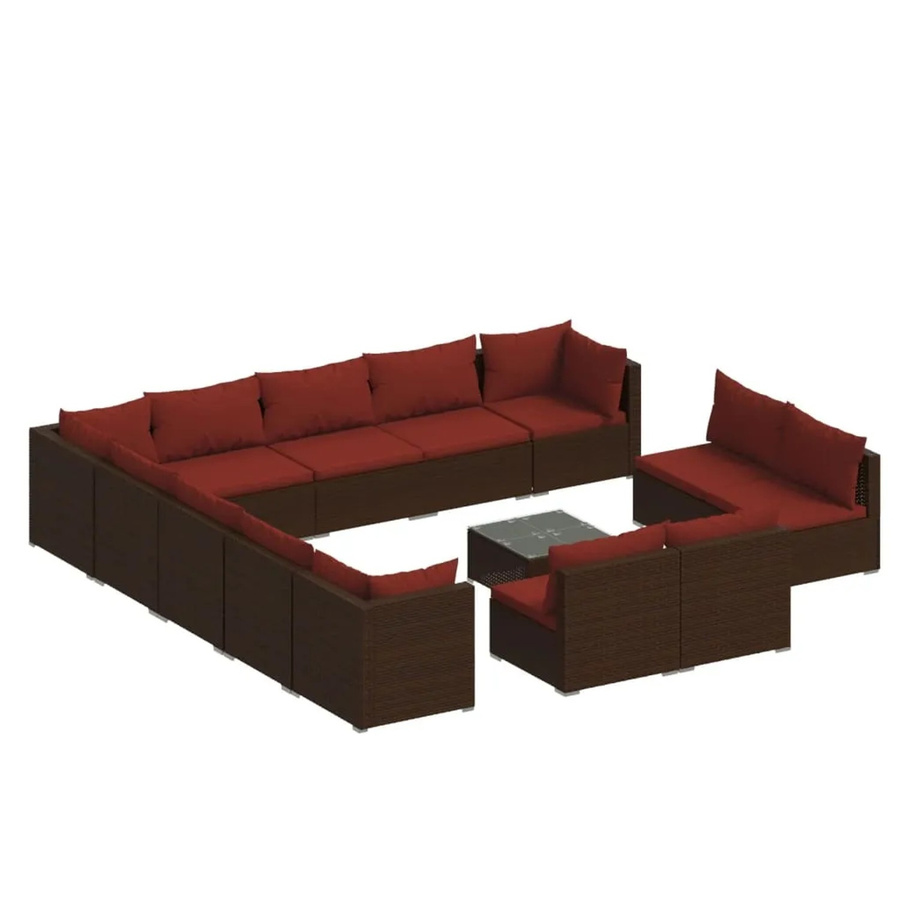 vidaXL 14-teiliges Garten-Lounge-Set aus braunem Poly-Rattan mit Kissen und Glastisch - Bild 2