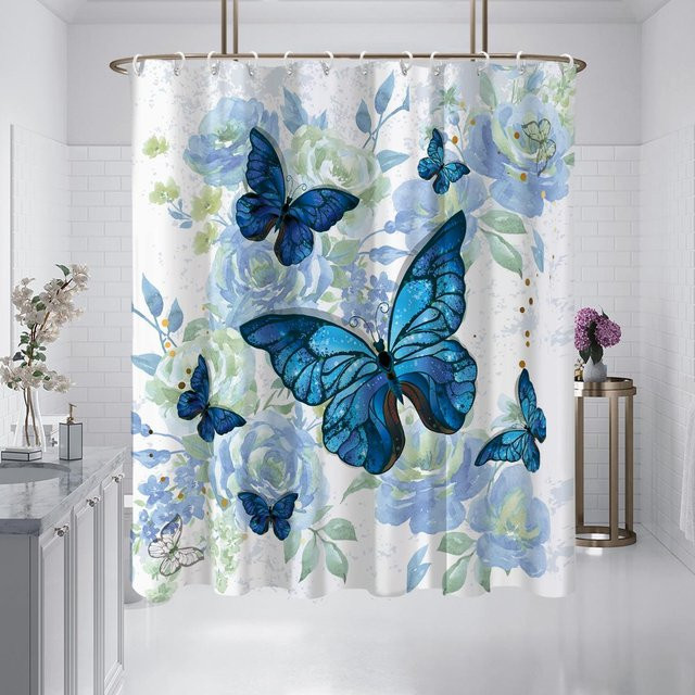 Wasserdichter und schimmelresistenter Duschvorhang von Household supplies MH mit blauem Schmetterlings- und Blumen-Print, B/H: 180 x 180 cm - Bild 1