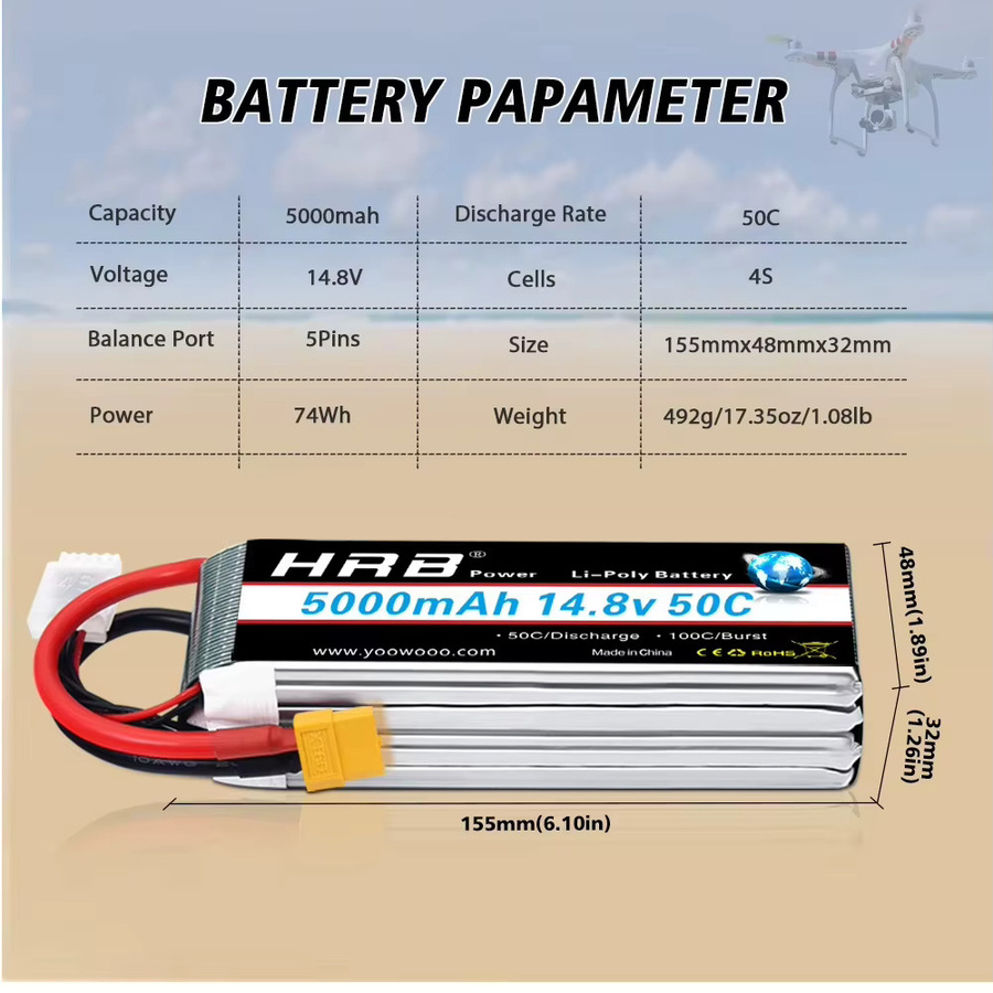 HRB LiPo Batterie 14,8 V 4S 5000 mAh 50C mit XT60 Anschluss für RC FPV Flugzeuge, Drohnen, Racing-Boote und Autos - Bild 2