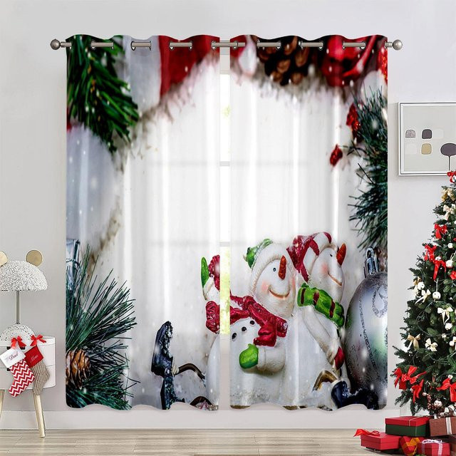 2-teiliges weihnachtliches Dekovorhang-Set mit Schneemann-Motiv in Rot, halbtransparent, Polyester, B/H: 50 x 130 cm - Bild 1