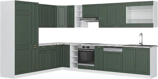 Vicco Fame-Line Eckküche im Landhausstil in Grün-Gold und Weiß mit Marmor-Optik, B/T/H: 347 x 257 x 82 cm - Bild 1
